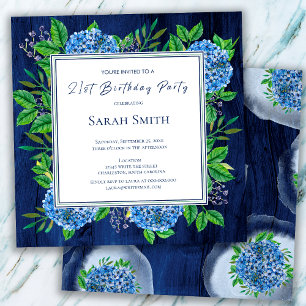 Invitation Hydrangeas Bleu Rustique Bois Fête d'anniversaire