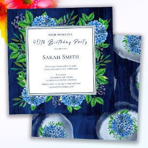 Invitation Hydrangeas Bleu Rustique Bois Fête d'anniversaire 