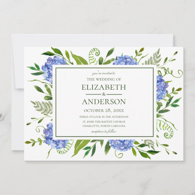 Invitation Hydrangeas Bleus de Mariage (Devant)