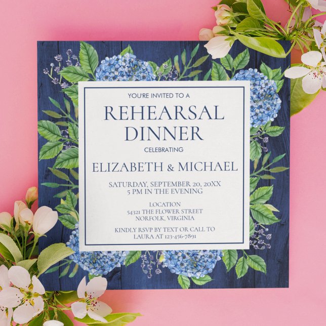 Invitation Hydrangeas Bleus Élégants Dîner de Répétition Rust (Créateur téléchargé)