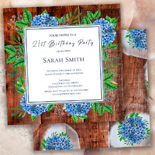 Invitation Hydrangeas Bleus Fête d'anniversaire 21 ans en Boi