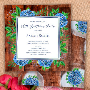 Invitation Hydrangeas Bleus Fête d'anniversaire Rustique en B