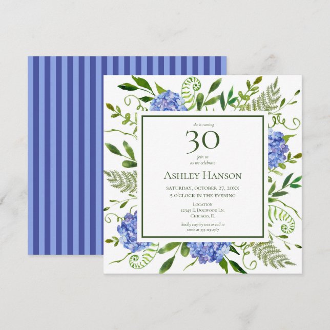 Invitation Hydrangeas bleus pour 30e anniversaire (Devant / Derrière)