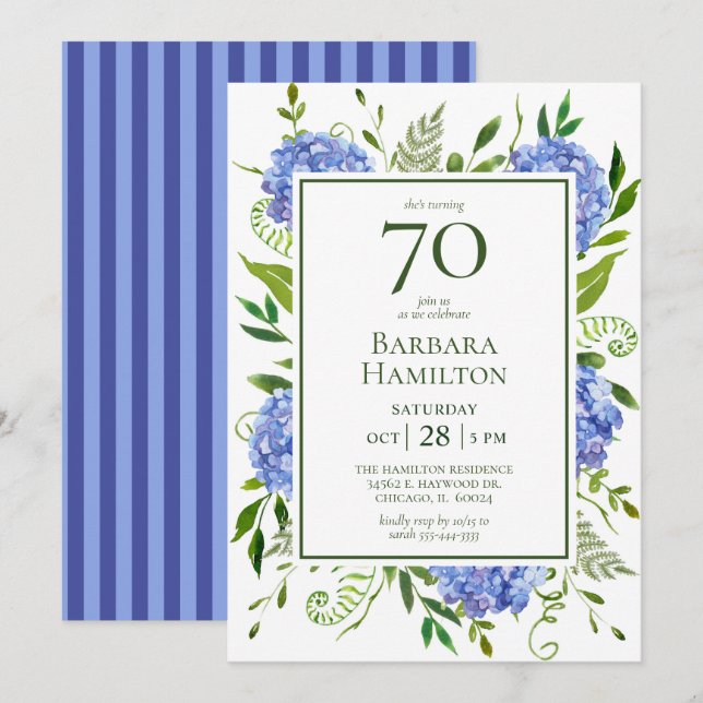 Invitation Hydrangeas bleus pour 70e anniversaire (Devant / Derrière)