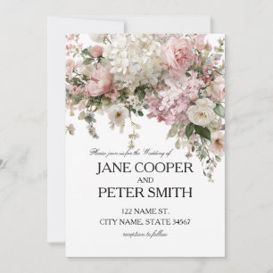 Invitation Hydrangeas et roses pastel. Mariage économique