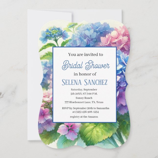 Invitation Hydrangeas Fête des mariées d'aquarelle Florale Bl (Devant)