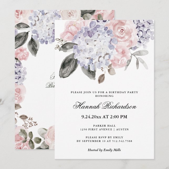 Invitation Hydrangeas vintages | Fête d'anniversaire (Devant / Derrière)