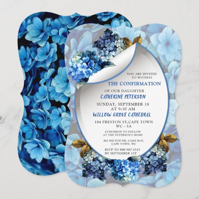 Invitation Hydrangée bleue Fleurs aquarelles Confirmation i (Devant / Derrière)