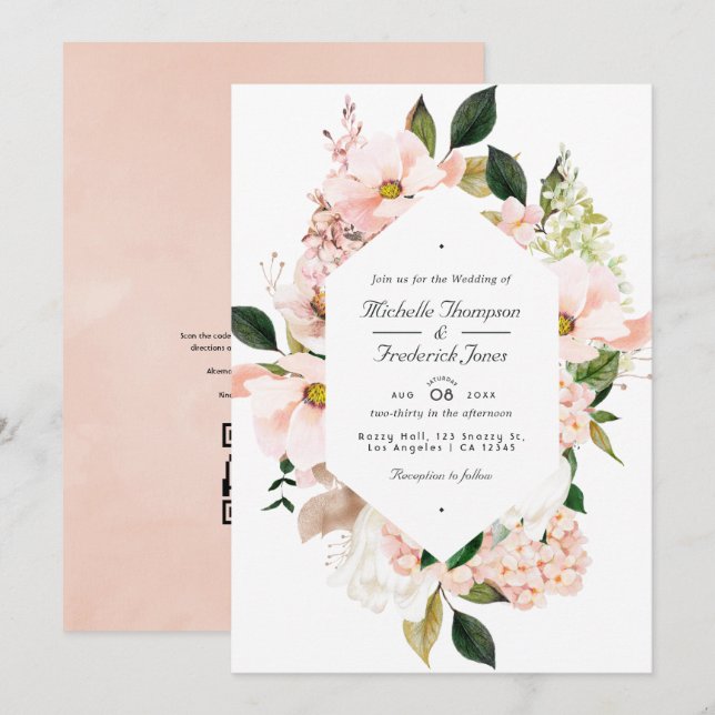 Invitation Hydrangée florale rose pâle QR Code RSVP Mariage (Devant / Derrière)