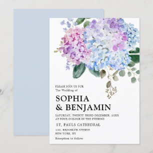 Invitation Hydrangées bleu pâle rose pastel mariage