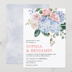 Invitation Hydrangées bleu pâle rose pastel mariage