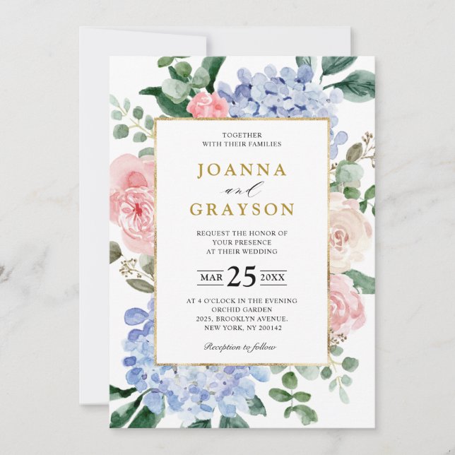 Invitation Hydrangées bleu pâle rose pastel mariage (Devant)