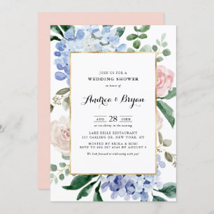 Invitation Hydrangées bleues et Wedding shower de roses roses