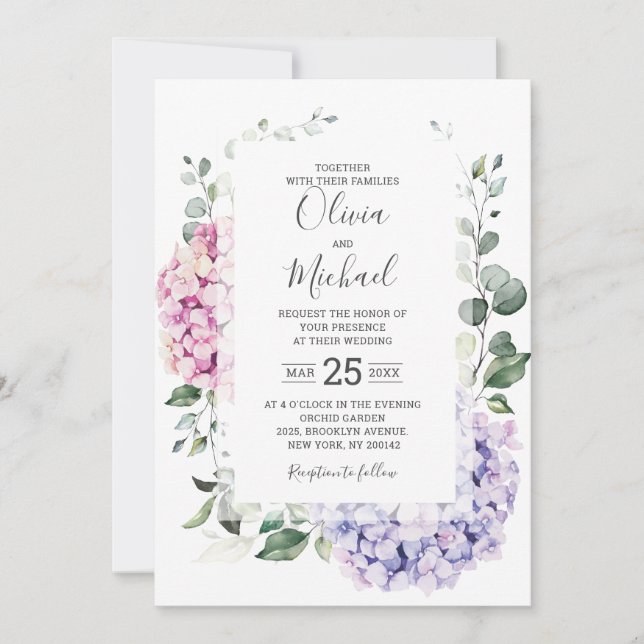 Invitation Hydrangées rose pâle et mariage d'eucalyptus (Devant)
