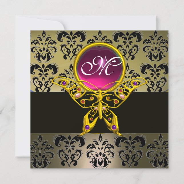 Invitation HYPER MONOGRAM BOUTTERFLY, gris damassé rose rubis (Devant)