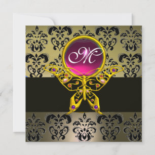 Invitation HYPER MONOGRAM BOUTTERFLY, gris damassé rose rubis