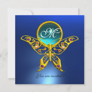 Invitation HYPER PAPILLON MONOGRAMME, bleu, turquoise aigue-m