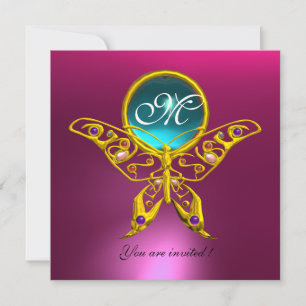 Invitation HYPER PAPILLON MONOGRAMME, rose bleu, aigue-marine