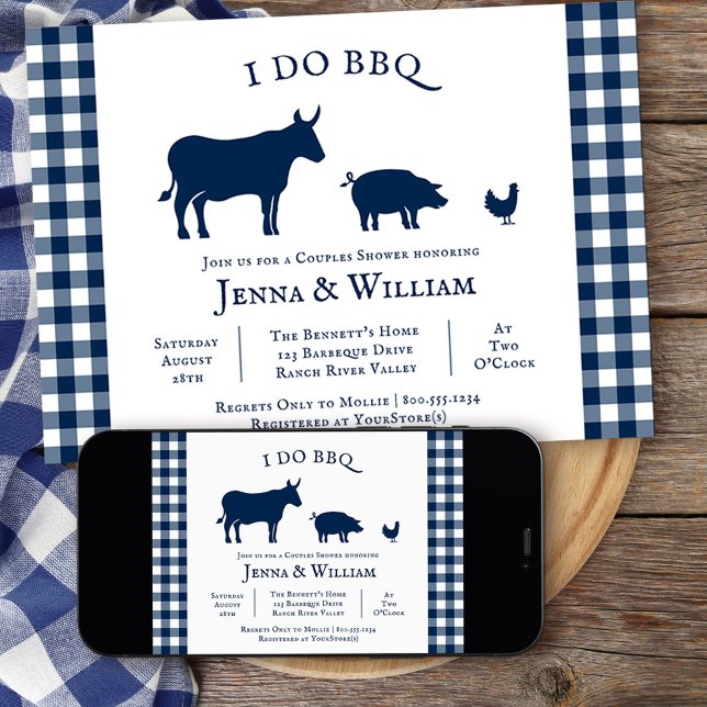 Invitation I Do BBQ Farmhouse Marine Blue Plaid Couples Douch (I DO BBQ couples shower grill themed invitation from my rustic farmhouse BBQ collection
)