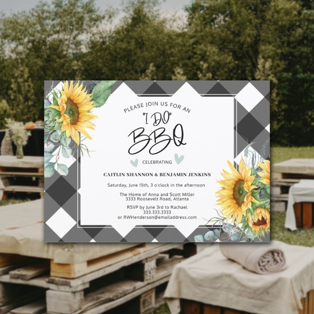 Invitation I Do BBQ Sunflower Buffalo Plaid Fête des mariées (Créateur téléchargé)