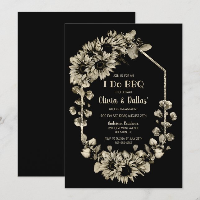 Invitation I Do BBQ Sunflower Floral Black Engagement Party (Devant / Derrière)