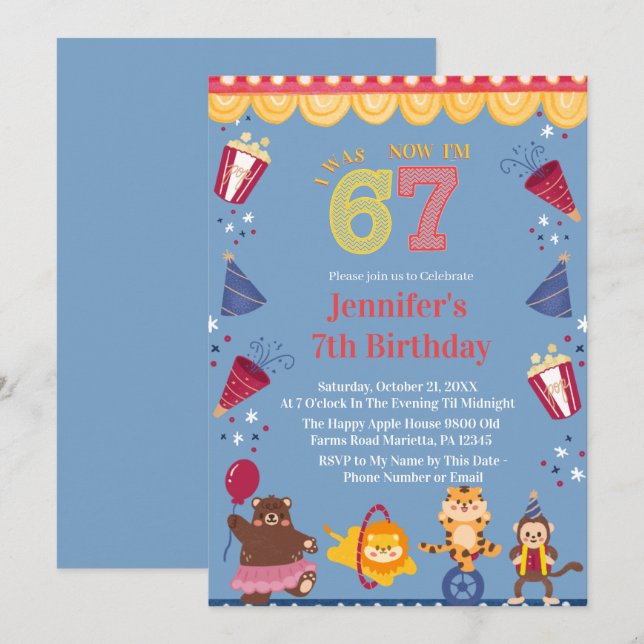 Invitation I Was 6 Now I’m 7 Circus 7th Birthday Kids (Devant / Derrière)