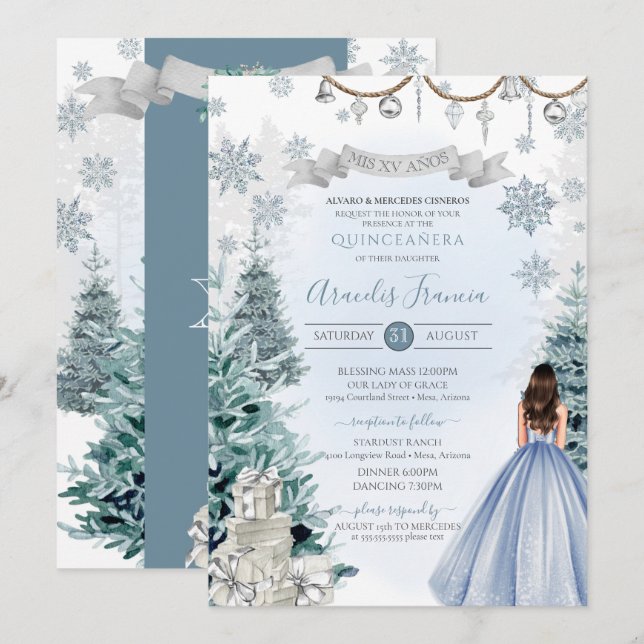 Invitation Ice Bleu Noël Fête hiver Neige Quinceañera (Devant / Derrière)