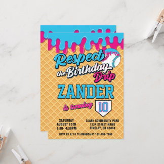 Invitation Ice Cream Drip Baseball Blue Pink Birthday Party