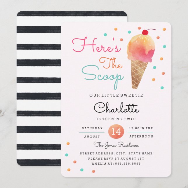 Invitation Ice Cream Party Enfants rose Anniversaire Invitati (Devant / Derrière)