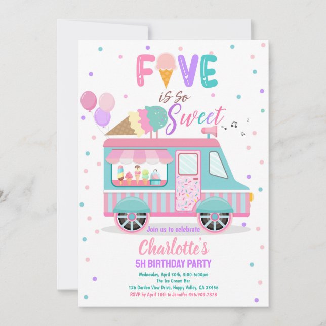 Invitation Ice Cream Truck Five est si doux 5e anniversaire (Devant)