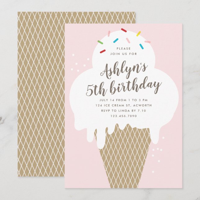 Invitation Ice crème cône enfants fête d'anniversaire rose (Devant / Derrière)