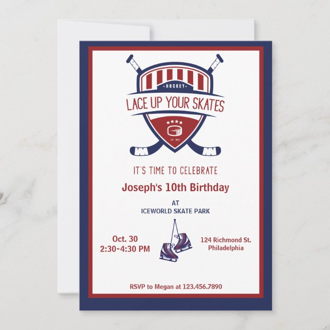 Invitation Ice Hockey Bleu Blanc Anniversaire (Devant)