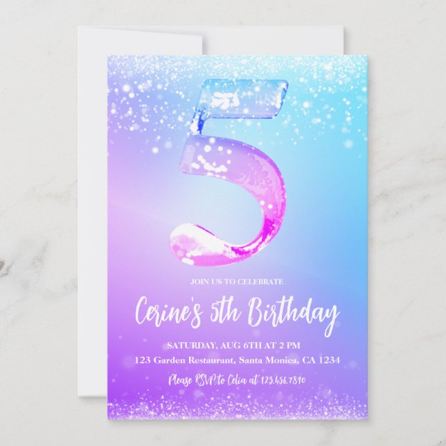 Invitation Ice number white glitter Girl 5th Birthday (Devant)