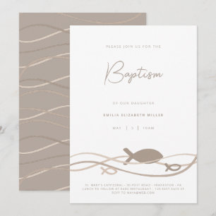 Invitation Ichthys Vagues Beige Taupe - Baptême Moderne