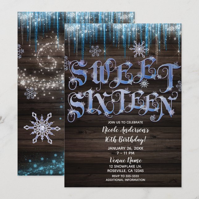 Invitation Icicles congelés Wonderland hiver Sweet 16 Seize (Devant / Derrière)