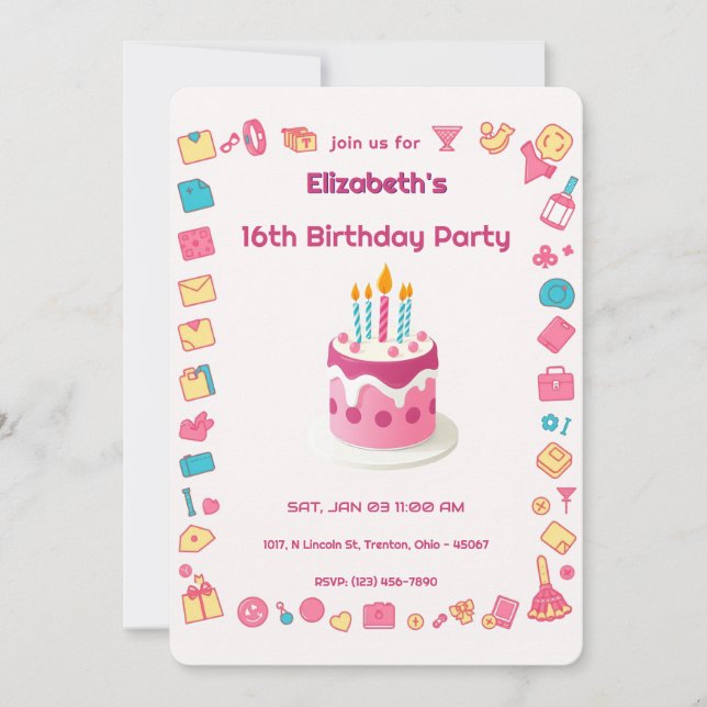 Invitation Icônes de mode rétro avec gâteau d'anniversaire co (Devant)