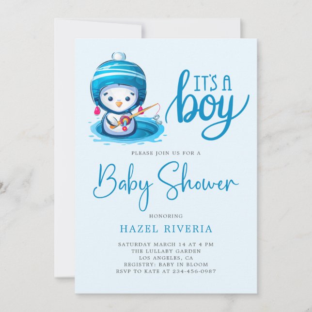 Invitation Icy Blue Penguin C’est un Baby shower pour garçon (Devant)