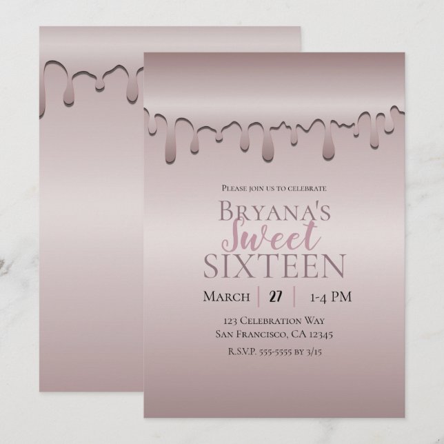 Invitation Icy Blush Rose Gold Rose Drip Sweet 16 Seteen (Devant / Derrière)