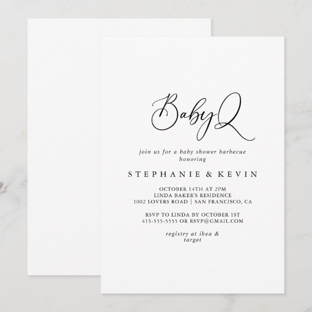Invitation Idyllique calligraphie BabyQ Baby shower Barbecue (Devant / Derrière)
