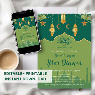 Invitation Iftar Mosquée Botanique Verte et Lanternes Dorées