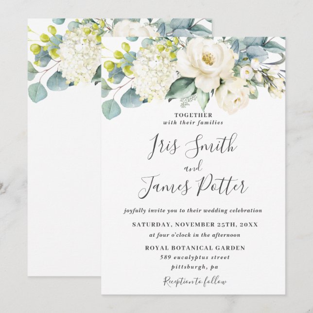 Invitation Iivoire blanc Floral Eucalyptus Mariage vert (Devant / Derrière)