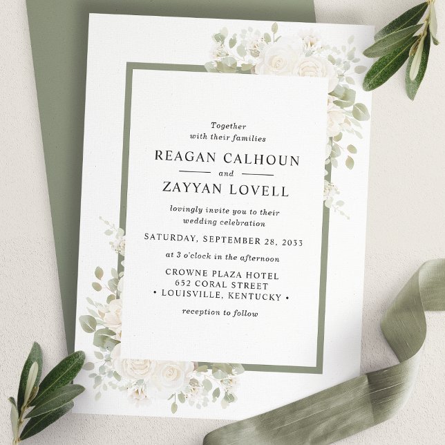 Invitation Iivoire Et Sage Élégant Mariage De Cadre Floral (Créateur téléchargé)