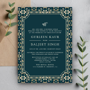 Invitation Ikat Beige Sarcelle Foncé Anand Karaj Mariage Sikh
