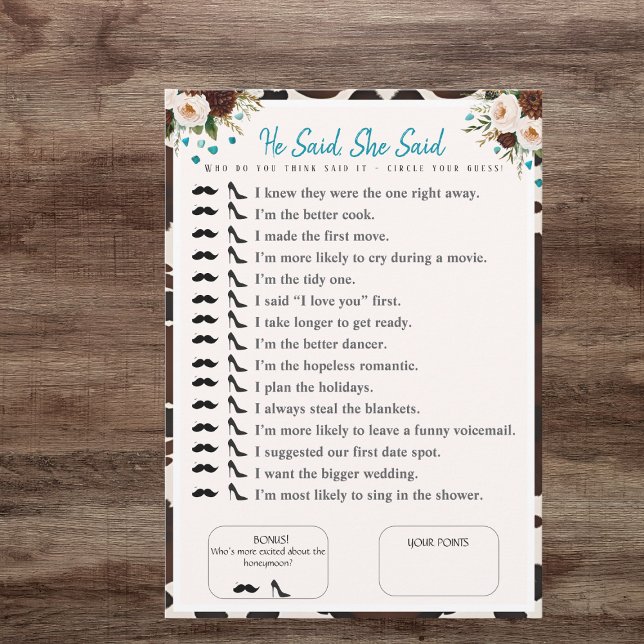 Invitation Il A Dit, Elle A Dit Bride douche boho Jeu (He Said, She Said Bridal shower boho Game)