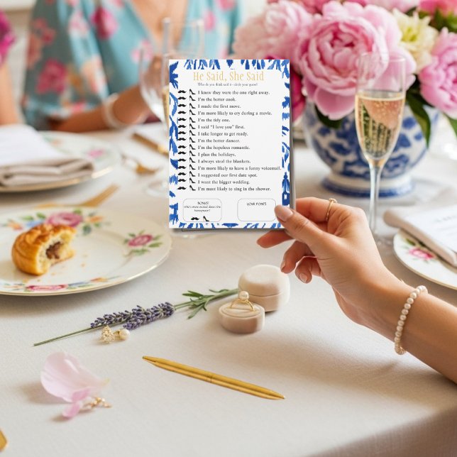 Invitation Il a dit, elle a dit Réception de mariage Jeu bleu (He Said, She Said Bridal shower Blue Game)