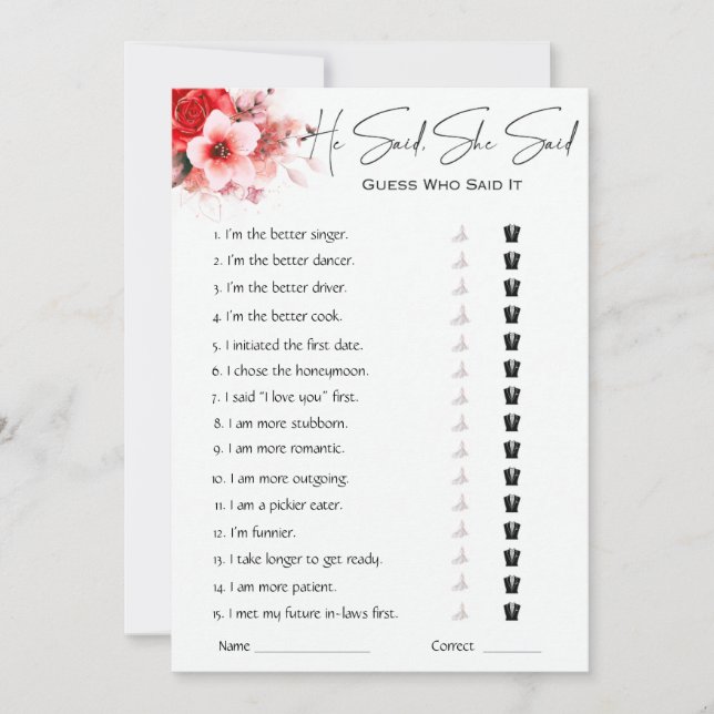 Invitation Il A Dit Qu'Elle A Dit Fête des mariées Game (Devant)