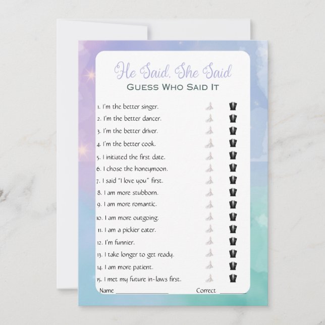 Invitation Il A Dit Qu'Elle A Dit Fête des mariées Game (Devant)