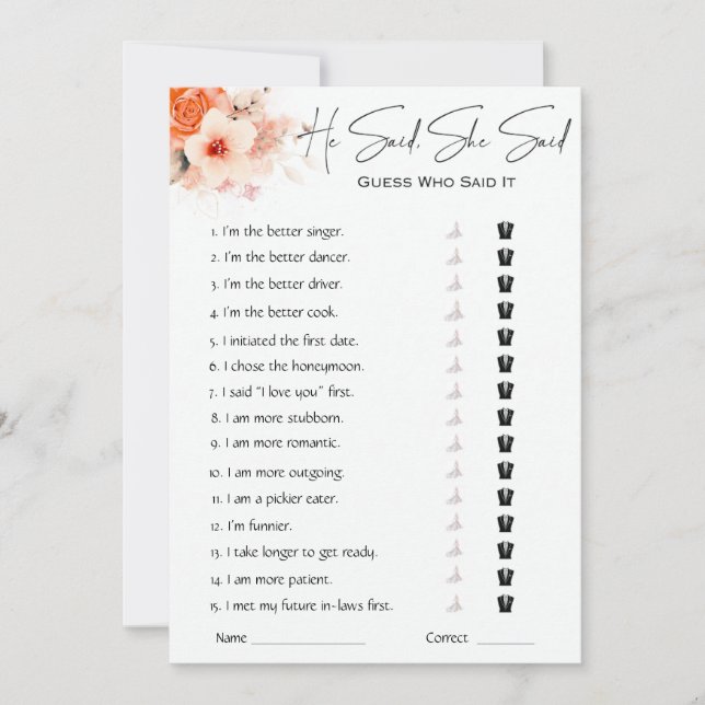 Invitation Il A Dit Qu'Elle A Dit Fête des mariées Game (Devant)