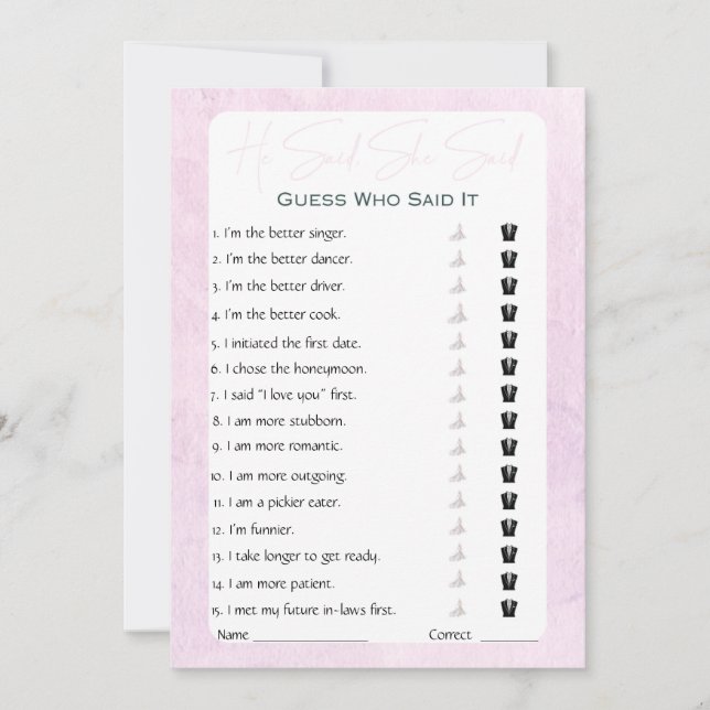 Invitation Il A Dit Qu'Elle A Dit Fête des mariées Game (Devant)