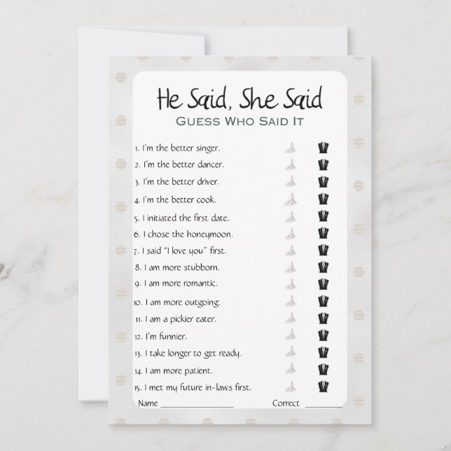 Invitation Il A Dit Qu'Elle A Dit Fête des mariées Game (Devant)